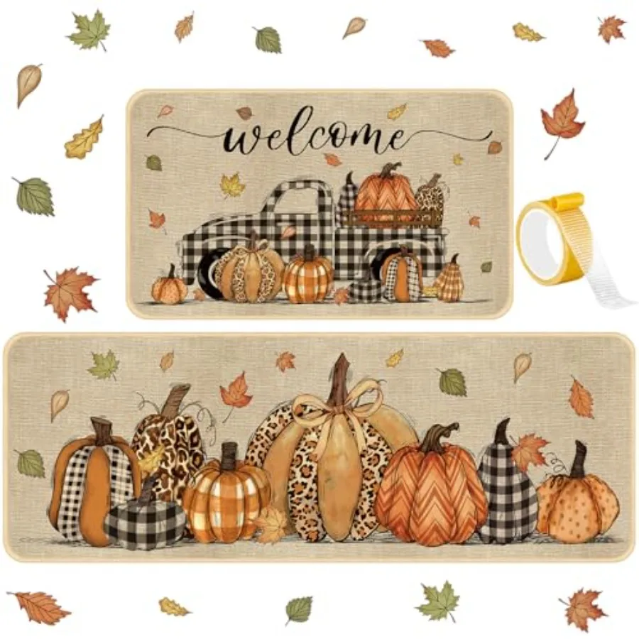 

Set of 2 Fall Thanksgiving Kitchen Rugs and Mats Set Pumpkin Rugs Farmhouse Buffalo Plaid Pumpkin Non Slip Floor Mats Thanksgiv