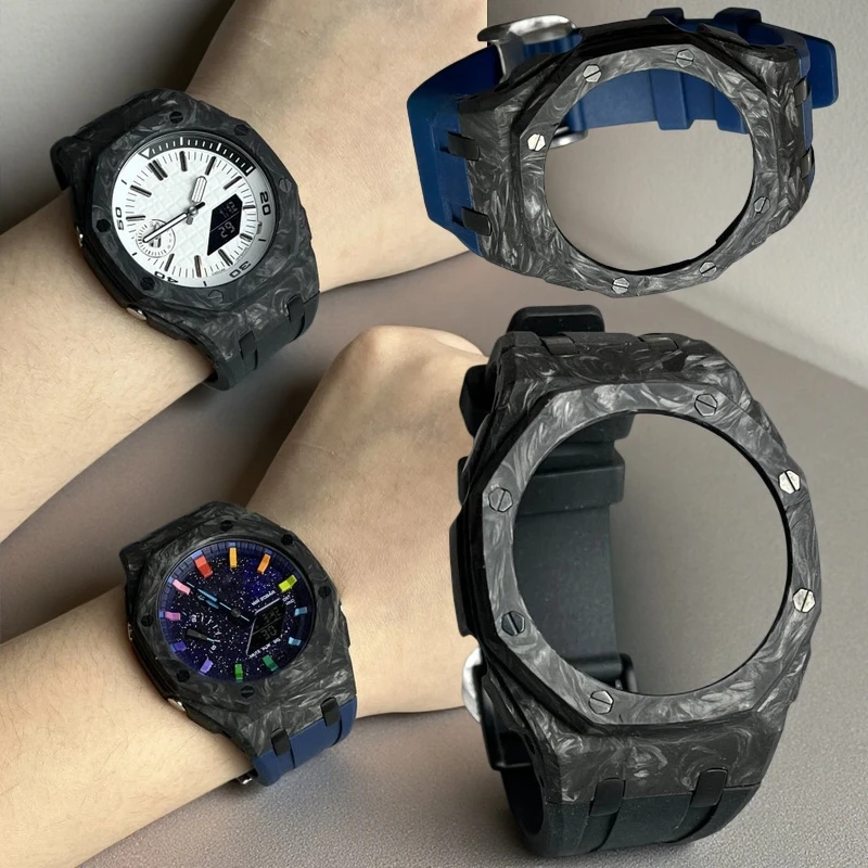 

For Casio GA-2100/2110/B2100 Men Soft Watchband set GA2100 Mod kit Carbon Fiber Case & FKM rubber Watch Strap Replace bracelet