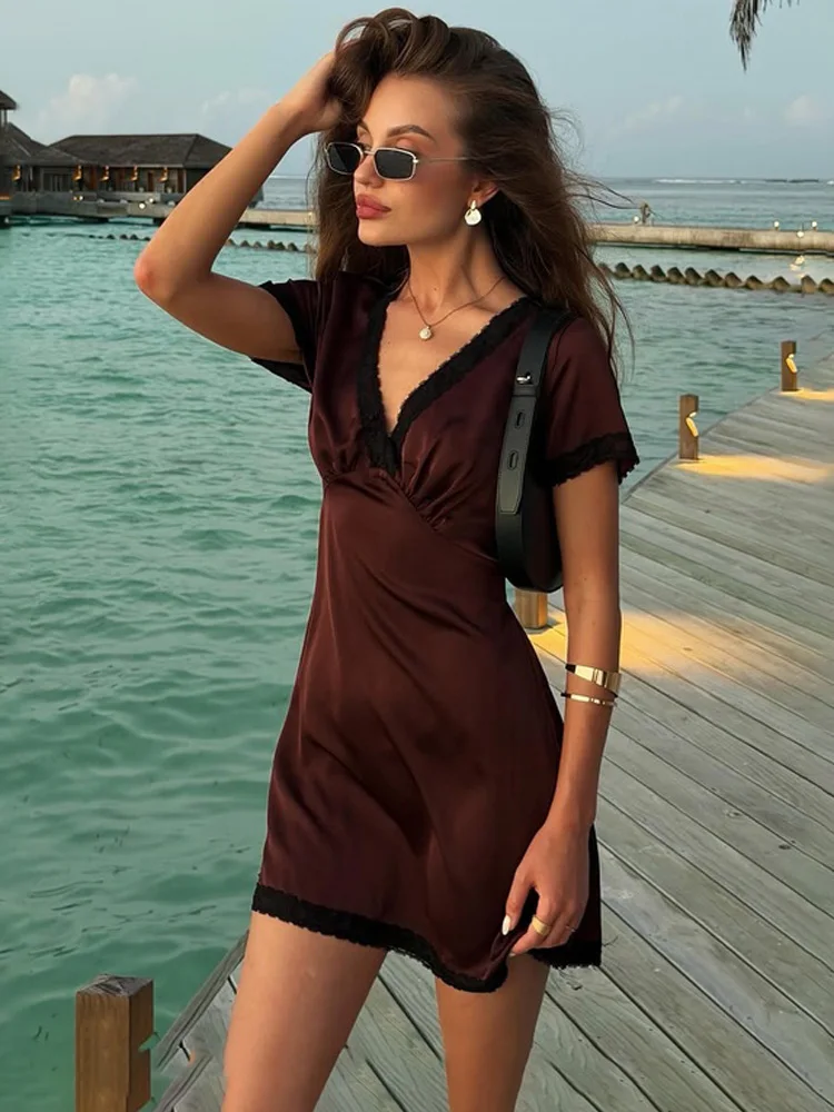 Tossy Women Elegant Two Tone Satin Lace V Neck Mini Dress Short Sleeve Bow Back Summer Party Casual Vacation Chic A Line Dress