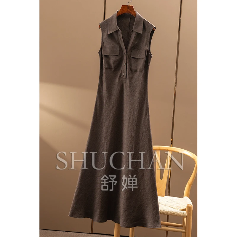 2025 Fashion Design Hemp Linen Diagonal Cut Waist Sleeveless Shirt Dress New Women 43B9 Sukienka urodzinowa dla kobiet