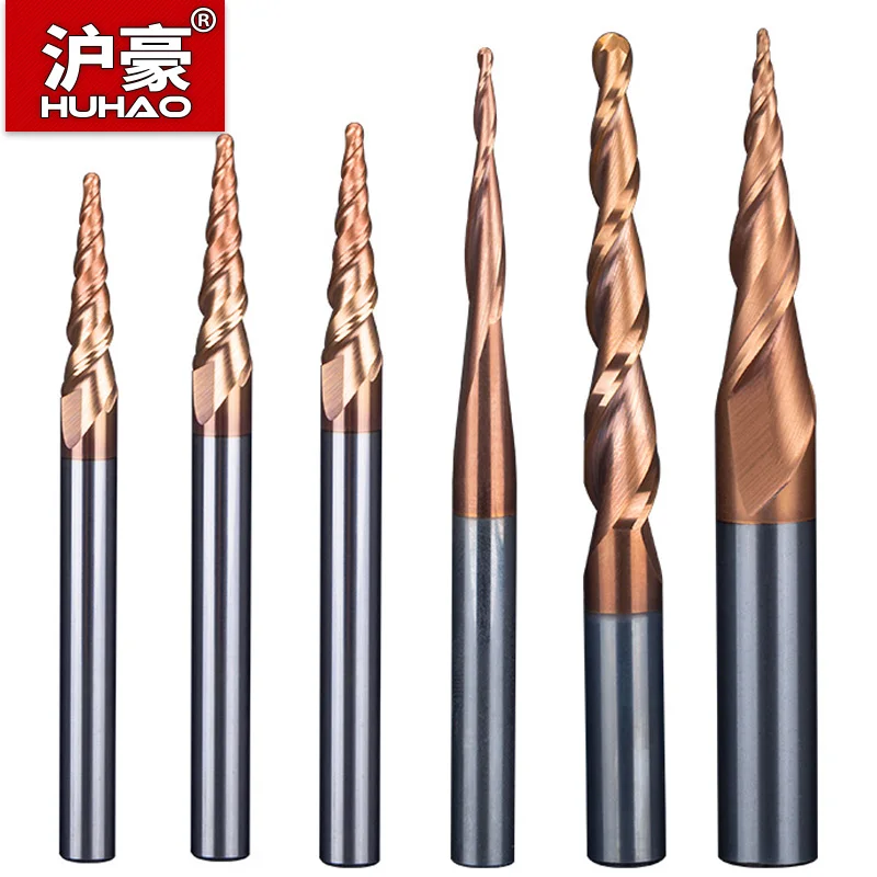 Frez spiralny stożkowy HUHAO do grawerowania, HRC55, frez CNC 4mm 6mm 8mm, frezy do rzeźbienia 3D, narzędzia do drewna i metalu
