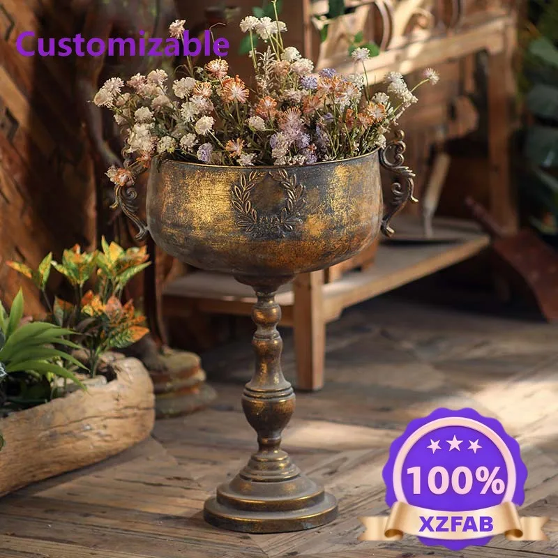 Factory Direct 2026 Industrial wind metal floor-to-ceiling flower pot ornament goblet foreign trade handicraft vase removable