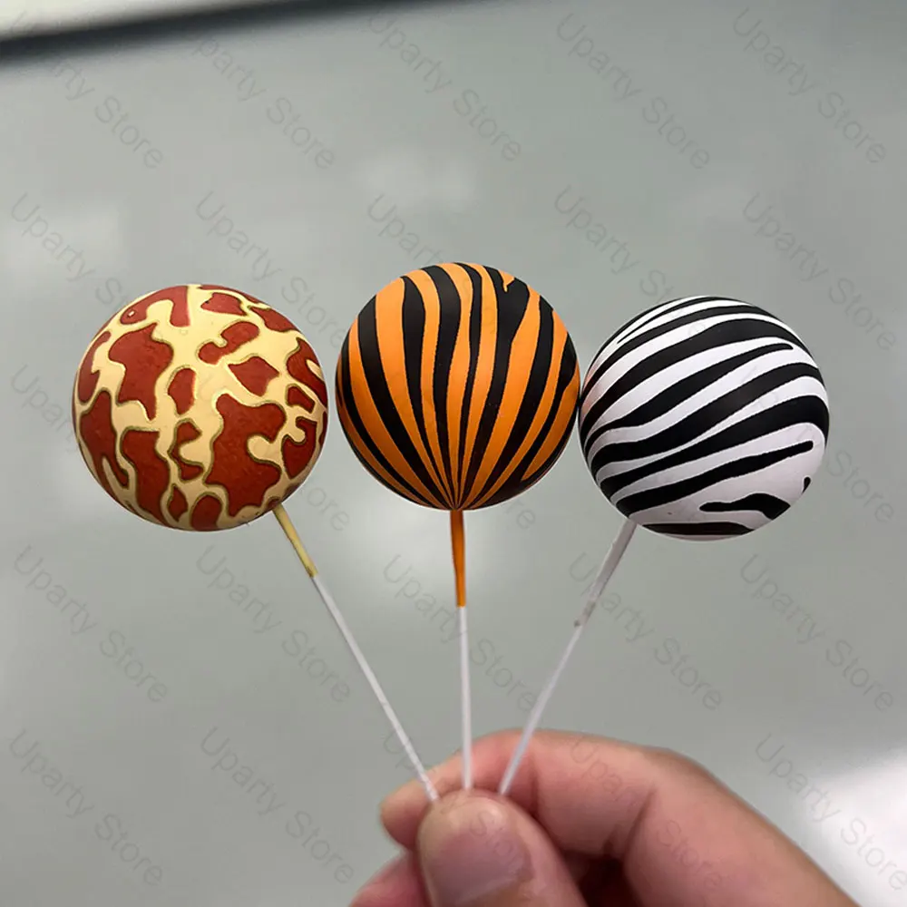 Jungle Animal Cake Toppers 3cm Zebra Giraffe Leopard Tiger Printed Balls Cake Decorations for Safari Animal Birthday Cake Decor