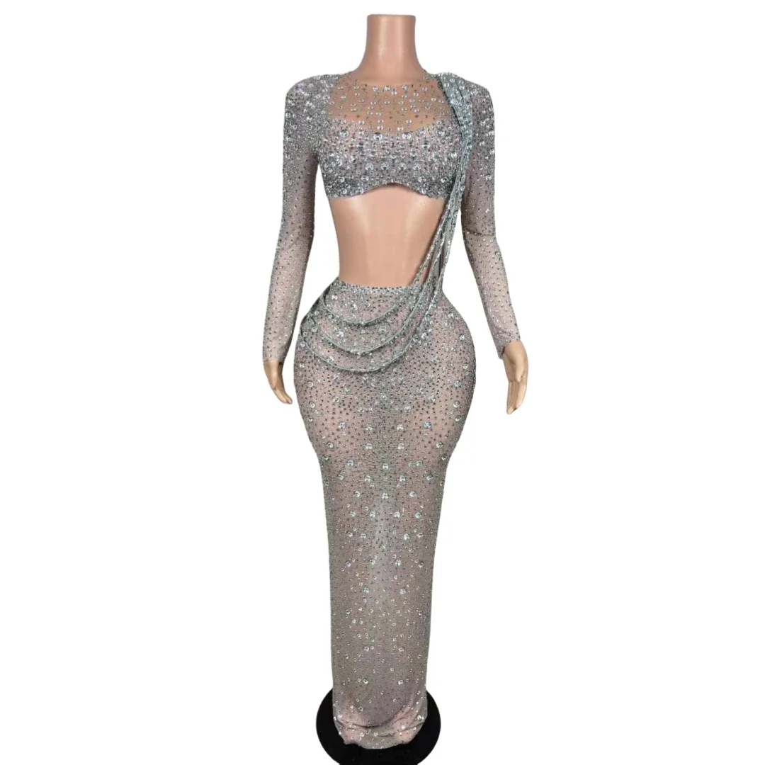 

Sexy Full Rhinestone 2 Pcs Set Dress Design For Women Bar Nightclub Dj Ds Birthday Evening Drag Queen Outfit Gogo Dance Costume