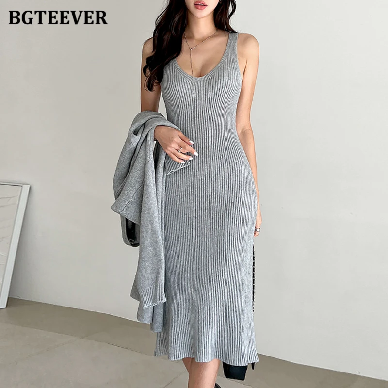 BGTEEVER Elegant Ladies Knitted Dress Set Long Knitted Cardigans Women V-neck Bodycon Sweater Dress Autumn Winter