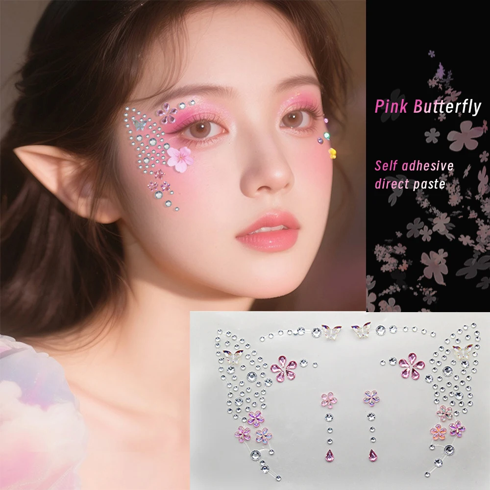 1 ورقة عيون الوجه فراشة الماس الوردي/الأزرق/الأرجواني الوجه جوهرة الوشم ذاتية اللصق حجر الراين مهرجان الحفلات ماكياج الديكور #3