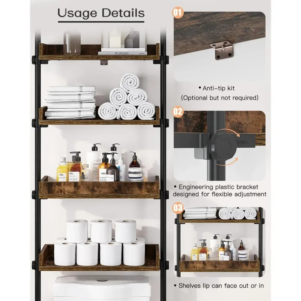 Over The Toilet Storage, 4-Tier Adjustable Wood Shelves for Small Rooms, Saver Space Rack