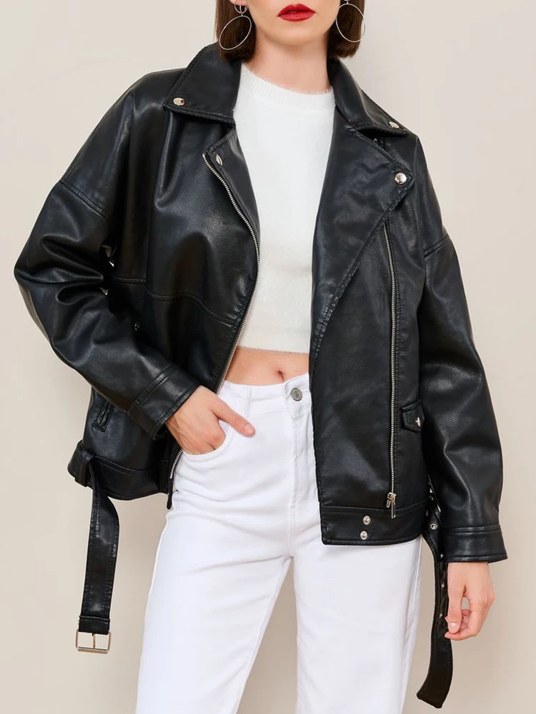 Ailegogo Women Loose Moto Biker Black Pu Faux Leather Jacket Streetwear Female Zipper Belt Turn-down Collar Coat Outwear