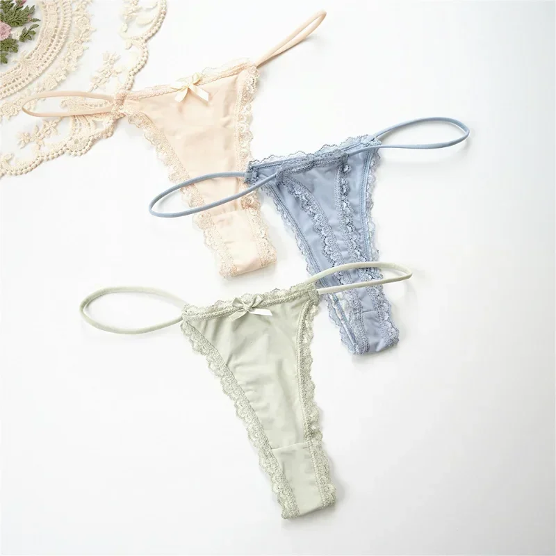 3pcs 2023 Thin Sexy Lace Thongs Breathable Women Underwear Low Waist Cotton Lingerie for Crotch Bow Panties Seamless Briefs