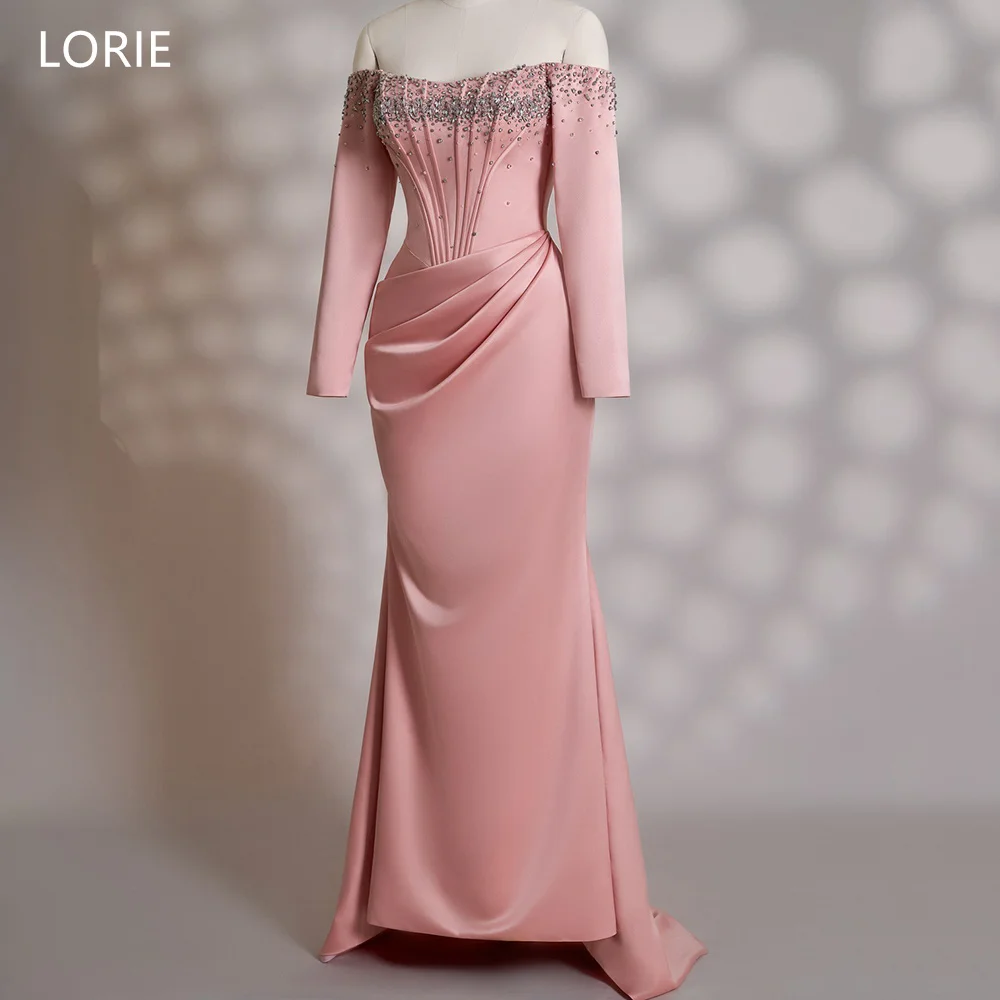 

LORIE Elegant Pink Satin Party Dresses Beading Full Sleeves Evening Prom Dress Pleats Mermaid Prom Gown Customized