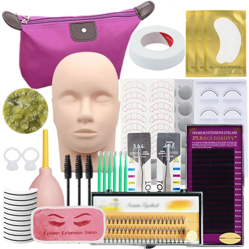 False Eyelash Extension Training Kit Practice Model Head Eye Pads Tweezers Glue Ring Brush Grafting Eyelash Tools Kit