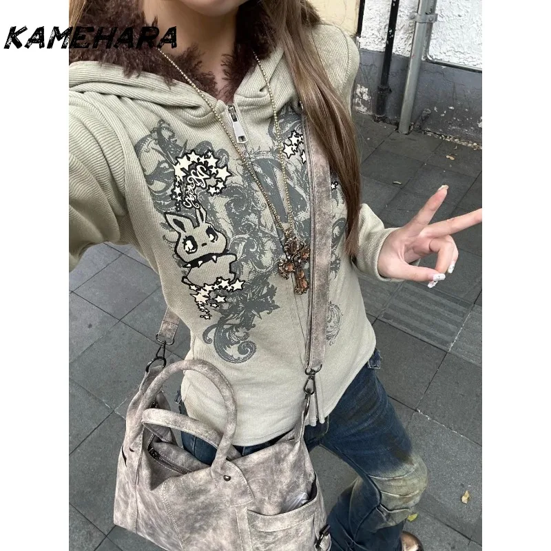 

KAMEHARA Japanese Abitu Subculture Retro Gothic Pattern Cute Rabbit Star Retro Print Fur Patchwork 2025 Spring Hoodie Jackets