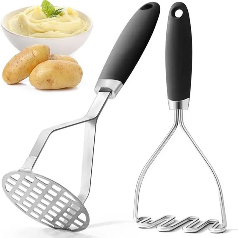 B83B-Stainless Steel Mashed Potato Smasher Set(2 Pcs) With Silicone Handle For Veggies, Fruits Avocado, Meat