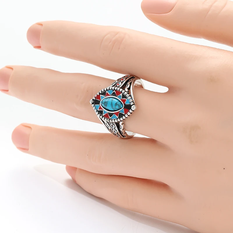 Vintage Inlaid Imitation Turquoise Enamel Women's Ring Silver Color Hand Carving Daily Wear Party Jewelry Anniversary Gift