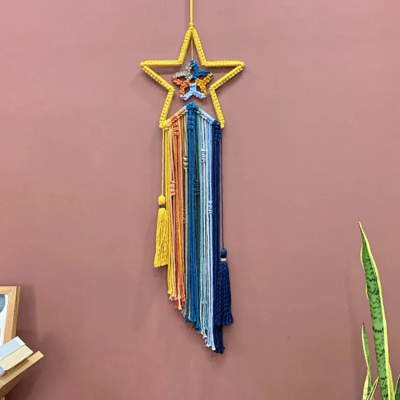 ‌Bohemian Fringe Wall Hanging with Star Moon Sun Dreamcatcher - Colorful Tapestry for Living Room Bedroom Decor