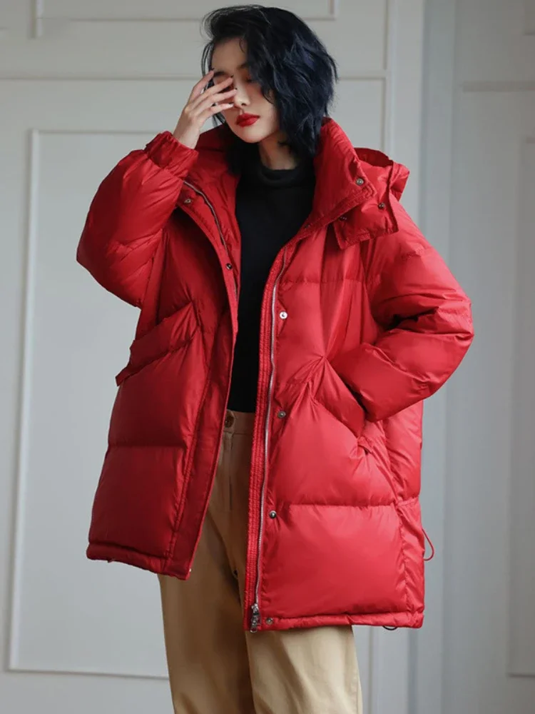 Women\'s Down Jacket Hooded Medium-length Jacket 2024 Winter Thick Section Korean Fashion Warm Casual Coats Down Fill Parkas