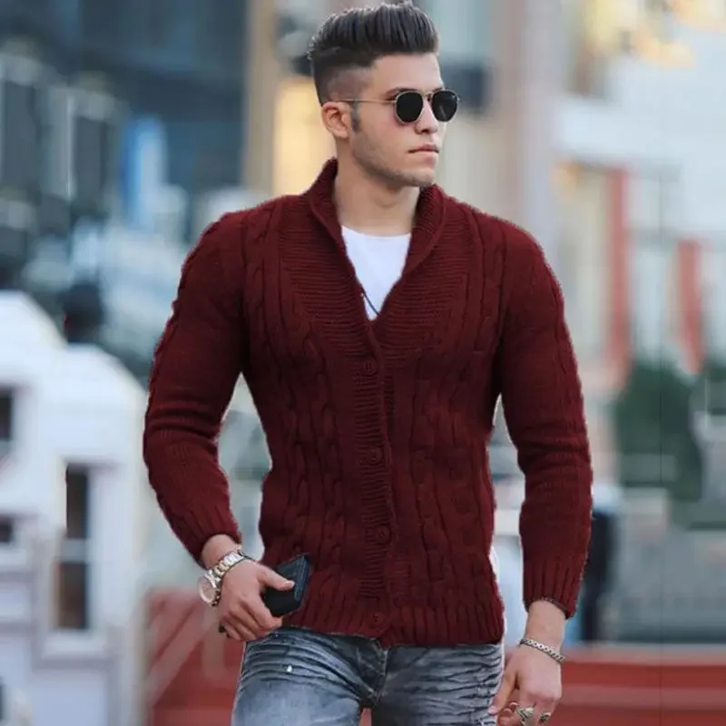 

New Men's Slim Fit Cardigan Single Breasted Lapel Fashion Casual Sweater Knitwear Long Sleeve Warm Stretchy Male Simple Sweater