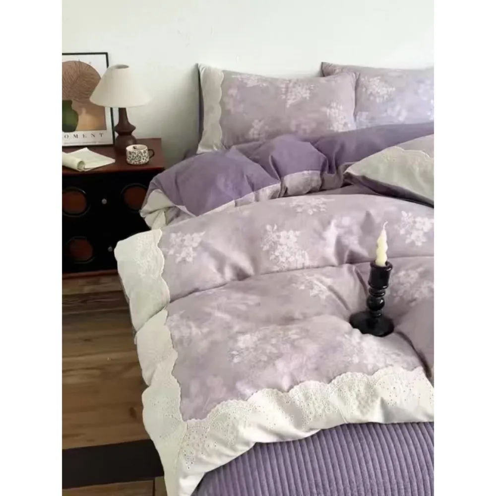 Cotton Original Hemp Retro Large Lace Printing Duvet Cover Pillowcase Skin-friendly Small Fresh Home Textile Four-piece Set