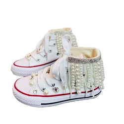 Spring Summer Handmade Girl Canvas Shoes Bling Pearls Diamond Sneakers 1 3 5 7 8 9 11 13 14 16 Years Size 20 size 38