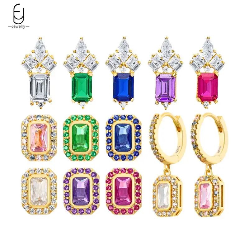 

925 Sterling Silver Needle Luxury Colorful Crystal Stud Earrings for Women Fashion Square Pendant Earrings Party Fine Jewelry