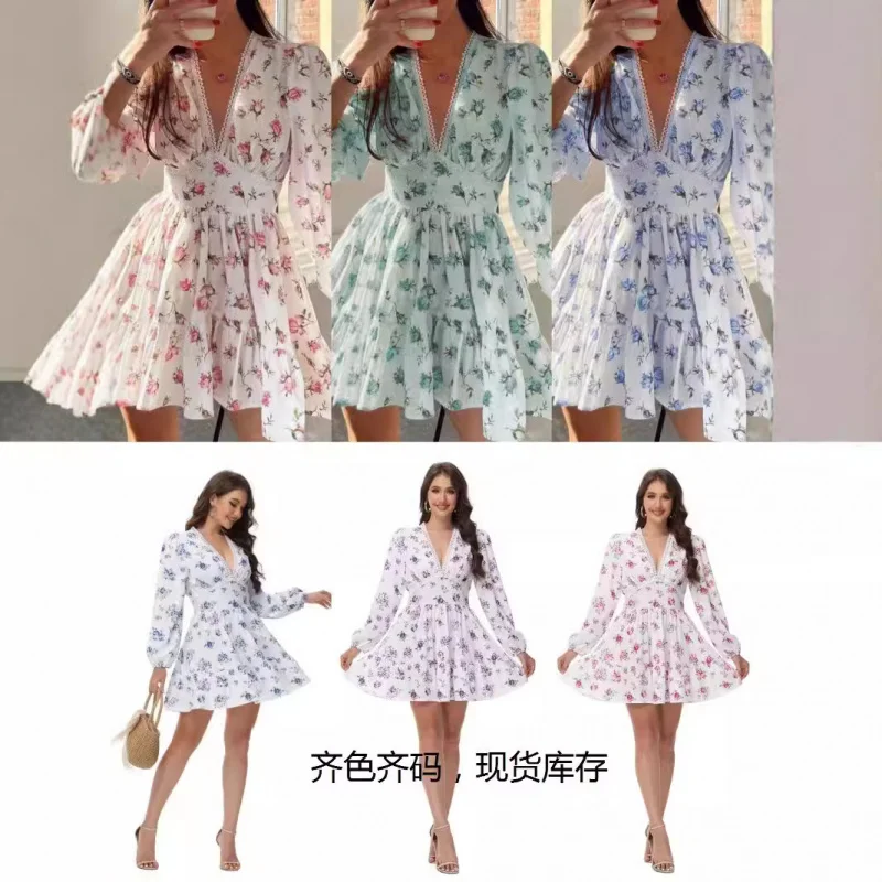 Fall fashion new women sweet print V-neck lace seven-quarter sleeve dress