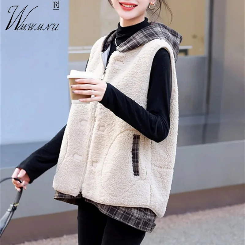 

Casual Patchwork Hooded Lambswool Vest Women Winter Thick Faux Wool Chalecos Warm Fleece Fur Sleeveless Jacket Teddy Waistcoat