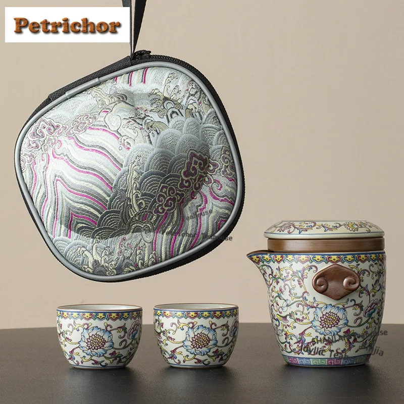 

Ru Kiln Twining Lotus Travel Tea Set Kit Elegant 1 Pot 2 Cups Tea Maker Organizer Portable Outdoor Tote Bag Supplies Craft Gift