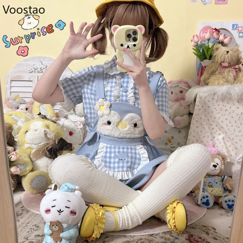 Sweet Lolita Style Shorts Set Women Kawaii Cartoon Embroidery Shirt Overalls Short Pants Suit Japanese Girl Cute Bloomers Shorts