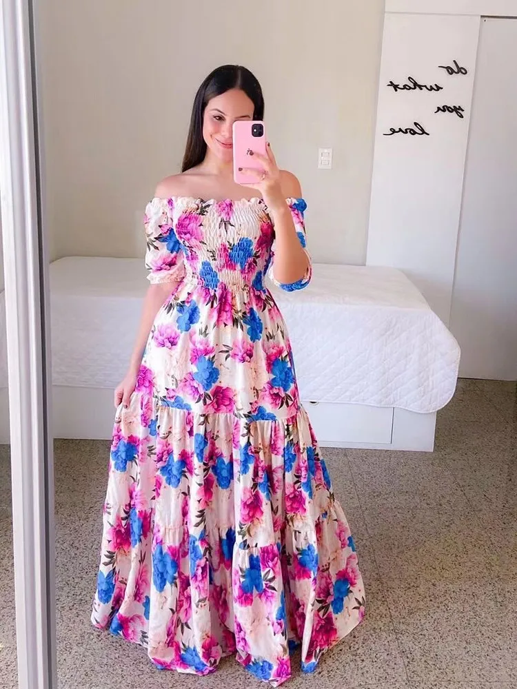 

Spring Summer Sexy Off Shoulder Maxi Dress Woman Fashion Flower Print Short Sleeve Dresses For Women 2023 Elegant Party Robe