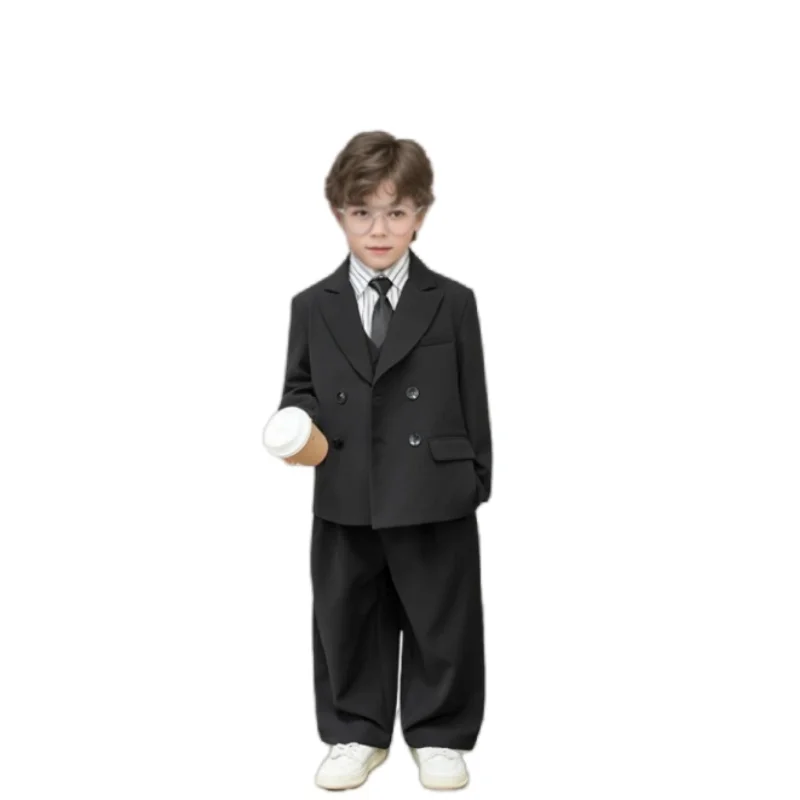 

Gentleman Boys Black 4Pieces Photography Outfit With Jacket Vest Pants Tie Kids Wedding Birthday Party Piano Performance Costume