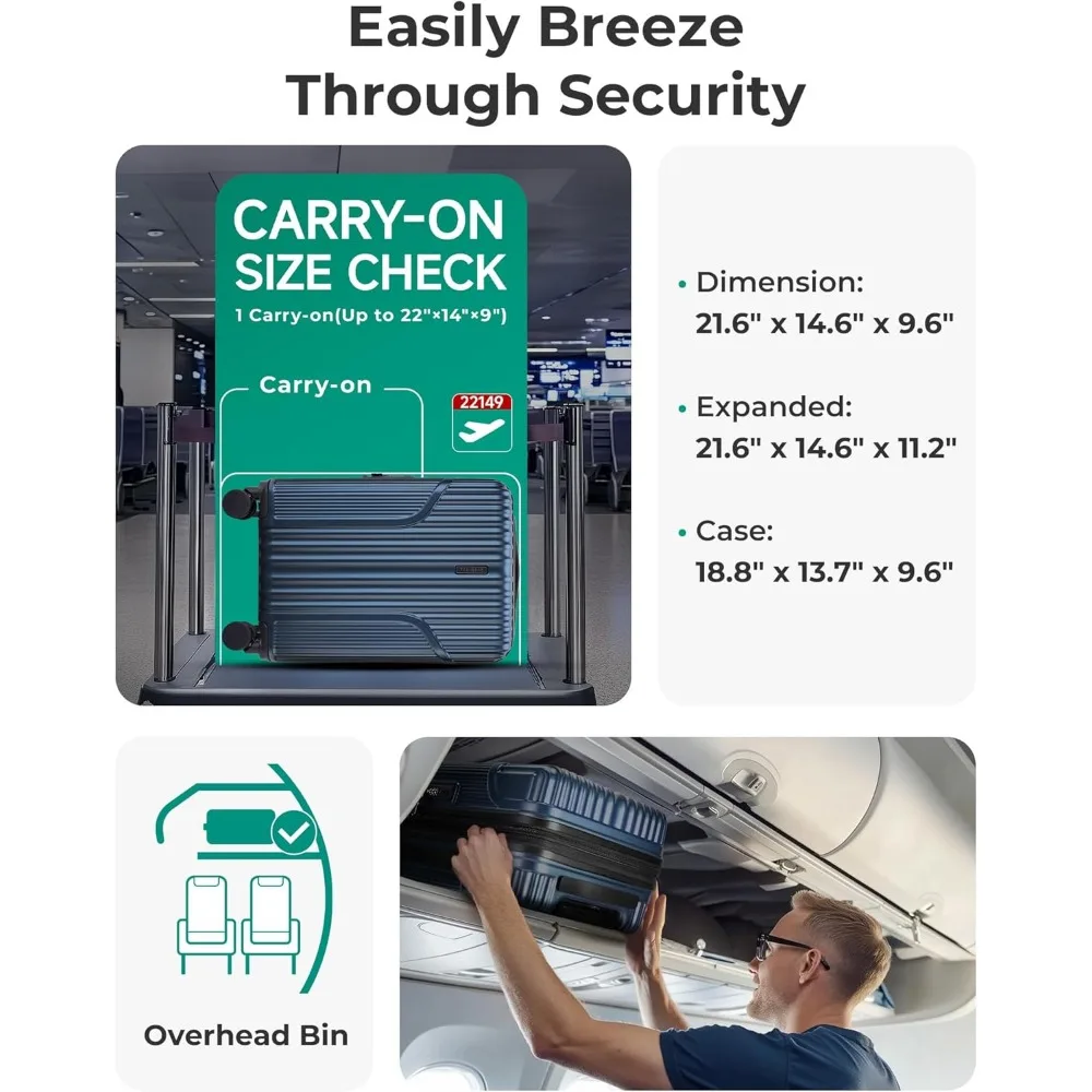 Lightweight 20 Inch Expandable Hardside Carry-On Luggage with Spinner Wheels, Airline Approved for Travel