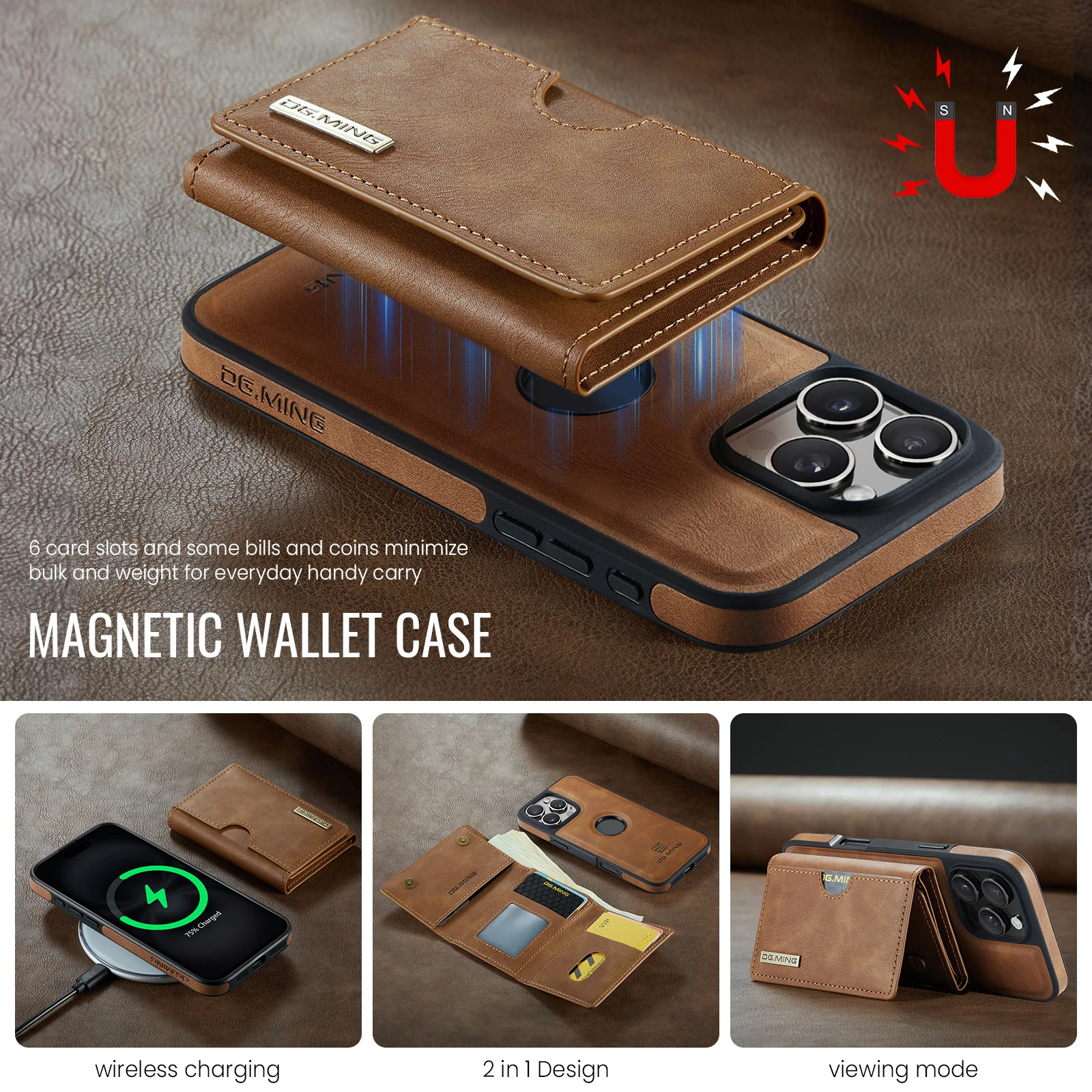 2 in 1 Detachable Magnetic Wallet Case for iPhone 17 Air 16 Pro Max 16E 15 Plus 14 13 12 11 Triple Fold Bag RFID Card Slot Cover