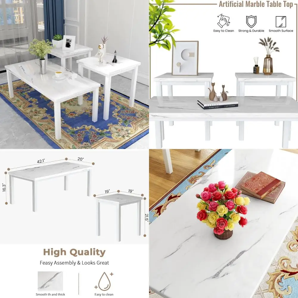 

Faux Marble 3-Piece Coffee Table Set with Metal Frame for Living Room, Including Coffee Table and Two End Tables