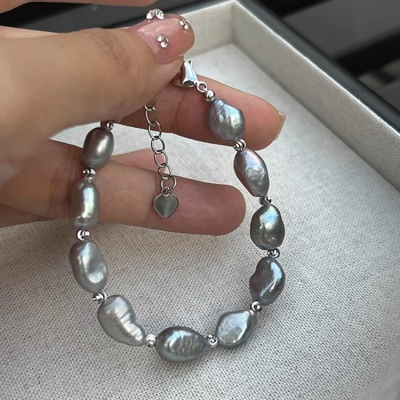 

Zhen Duo Ma Gray Irregular Baroque Freshwater Gray Pearl Bracelet Fashionable Sense Temperament Internet Celebrity Bracelet for