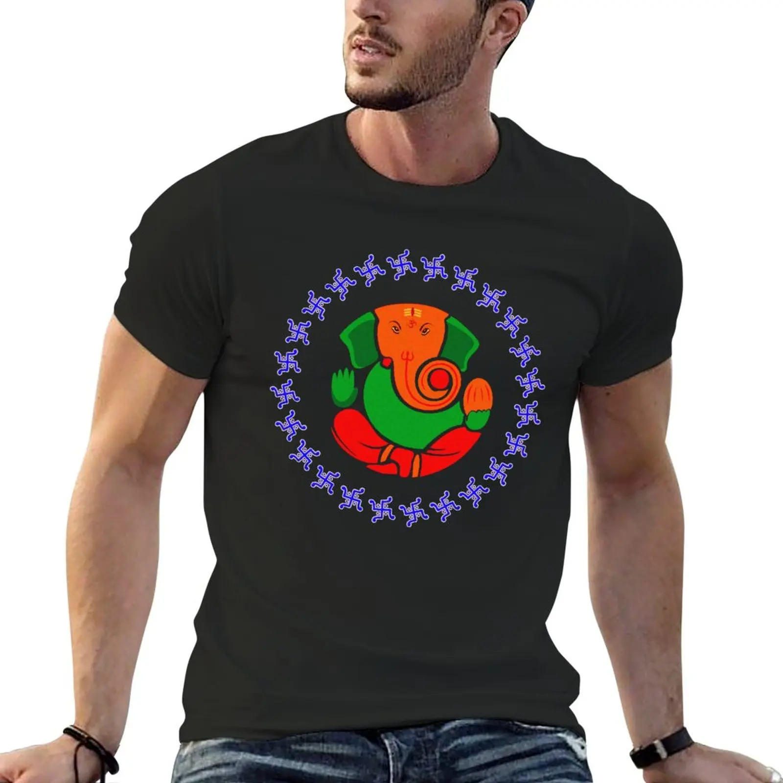 New Hindu God Ganesh Coloroful Drawing with Swastika Symbol T-Shirt tops Short sleeve fruit of the loom mens t shirts