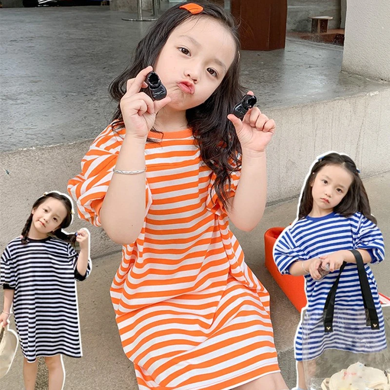 Girls T-Shirt Dress Striped Mid-Sleeve Long Top Sweater Dress 2022 Spring Summer New Fashion Casual Sports Children\'S Clothing