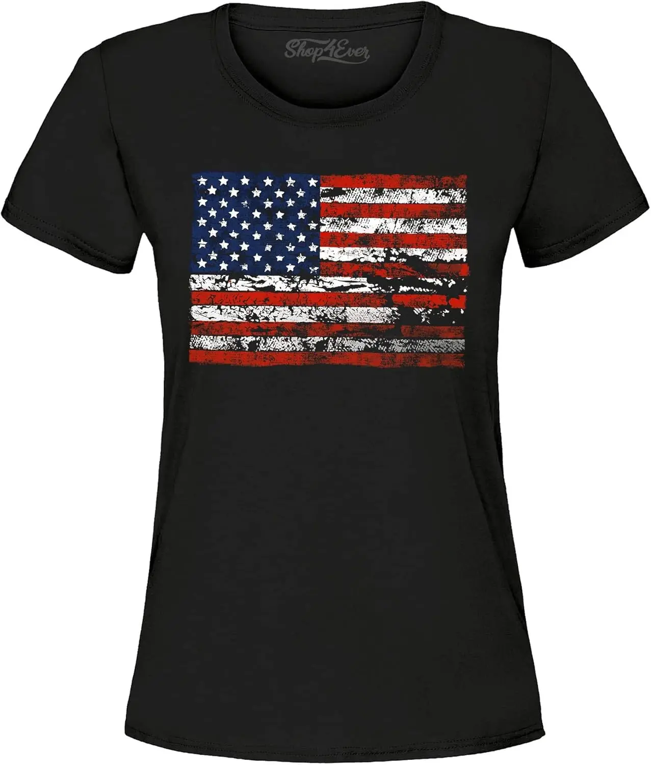 shop4ever Distressed American Flag Horizontal USA Patriotic 4th of July Women's T-Shirt