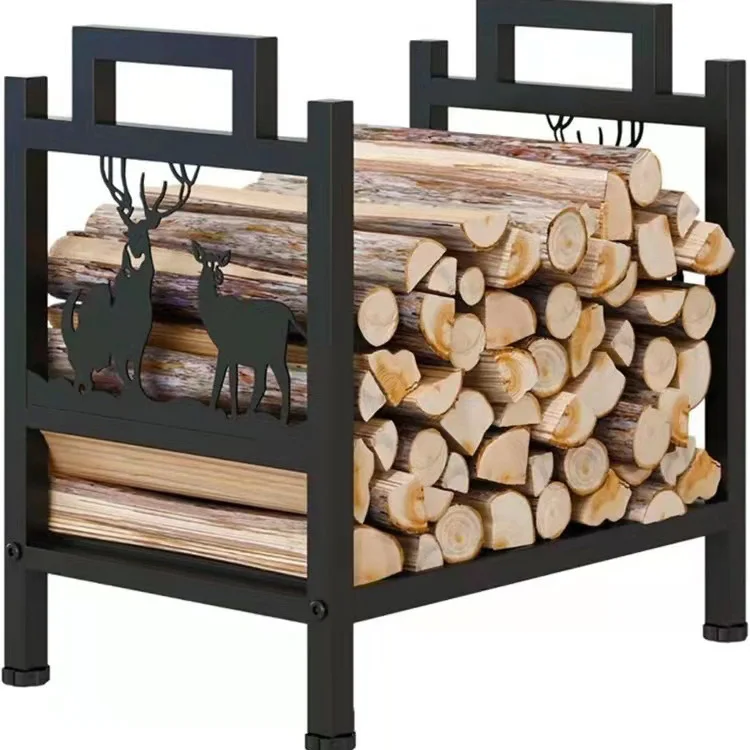 Double-Tier Indoor Storage Racks Metal Fireplace Tools and Firewood Sorting Brackets with Wooden Piles and Shelves