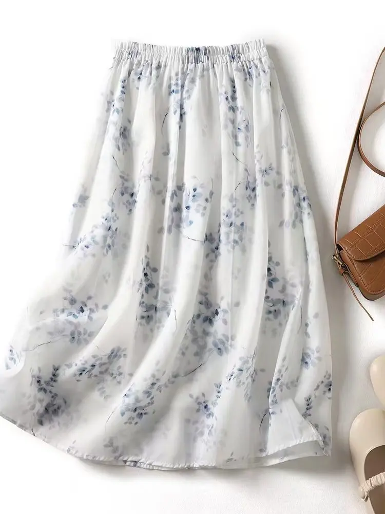 

Spring Summer Floral Double Layer Midi Skirt Elastic Waist A-Line Skirts for plus Size Women Artistic Versatile Casual Wear