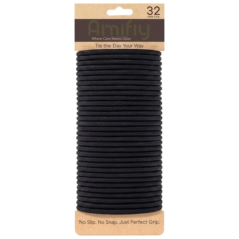 Black Hair Ties No Damage, Organic Ponytail Holders Hair Accessories for Women & Men, 4mm Hair Elastics Fits All Hair Types (32 Count)