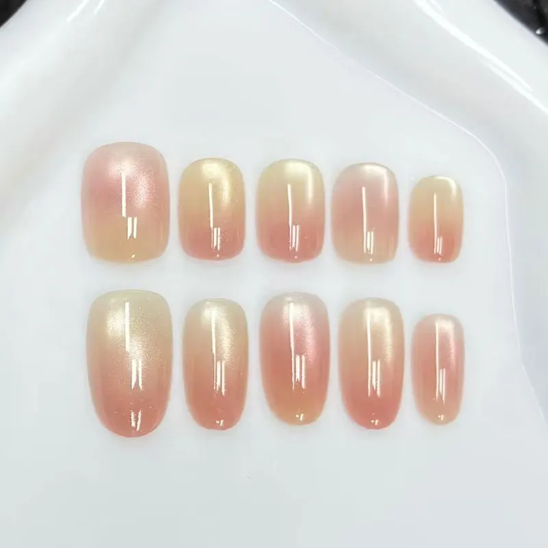 10Pcs Pink Peach Gradient Press on Nails Short Oval and Middle Almond Shape Cat Eye False Nails Nail Art Gradient Removable Nail
