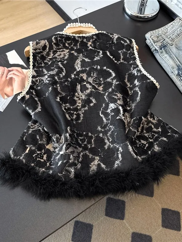 

Ele Chinese Sle Women's Vest Bird Feather Patchwork Asymmetrical Pearl Button Stand Collar Svel Top Faionable