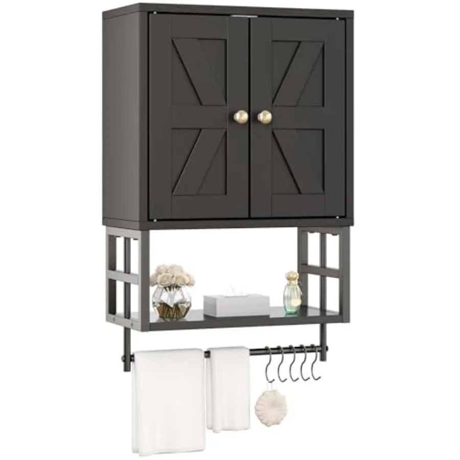 

Farmhouse Medice Cabet - 3-Tier Wall Mounted Storage Organizer with Adjustable Shelves, Towel Bar, 5 Hooks for Small Bathroom,