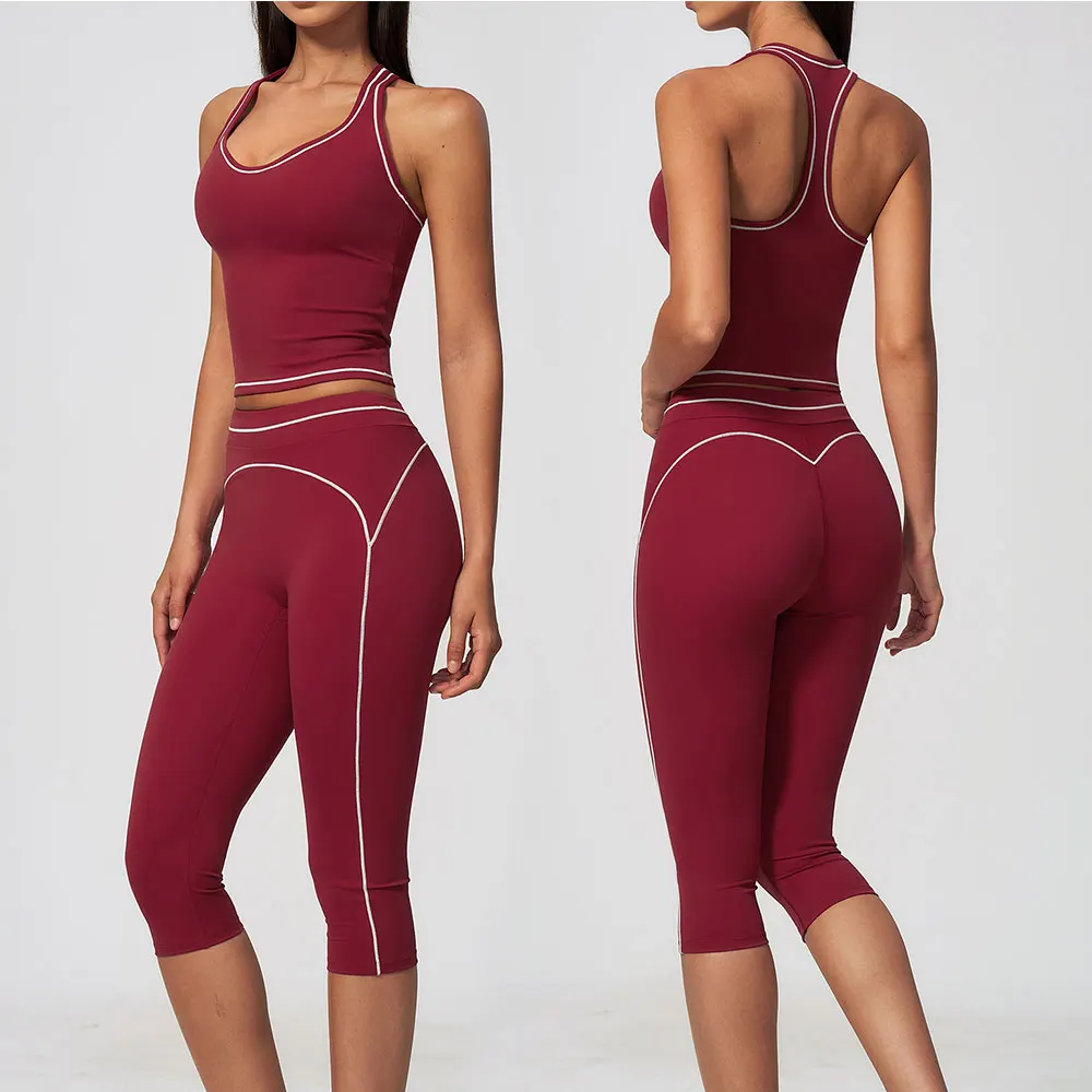 DUOMI Womens Yoga Set Halter Tank Top High Waist Capri Leggings Quick Dry Workout Gym Fitness Sports Pants 2Pcs Clothing
