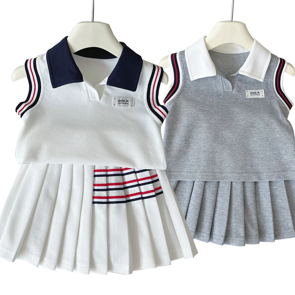 

2PCS College Dress Set for Kids Girl Sleeveless Vest+Skirt Cute Pleated JK Dress Summer Casual Outfits Polo Collar Clothing
