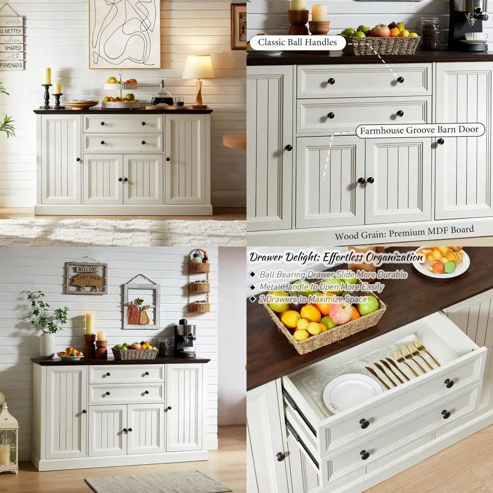 خزانة بوفيه خشبية ريفية مع مساحة تخزين وخزانة بار قهوة طويلة تتميز بأدراج كبيرة وأبواب الحظيرة المزخرفة #1