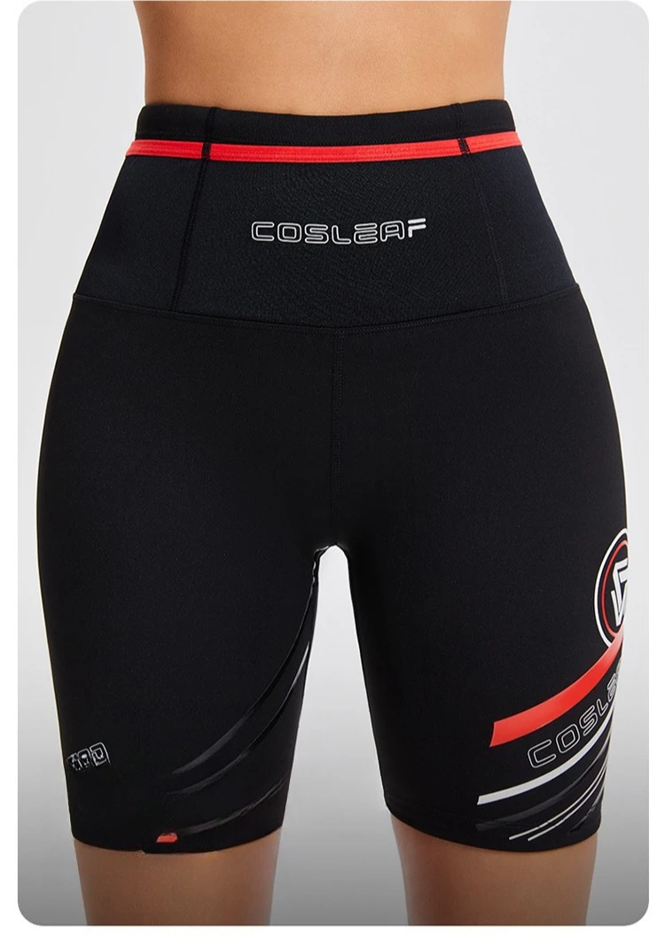 Sommerliche, kühlende schwarze Damen-Laufshorts mit hoher Taille, Bauchkontrolle, integriertem Slip, Po-Lifting und nahtlosem Rippdesign – Detail 6
