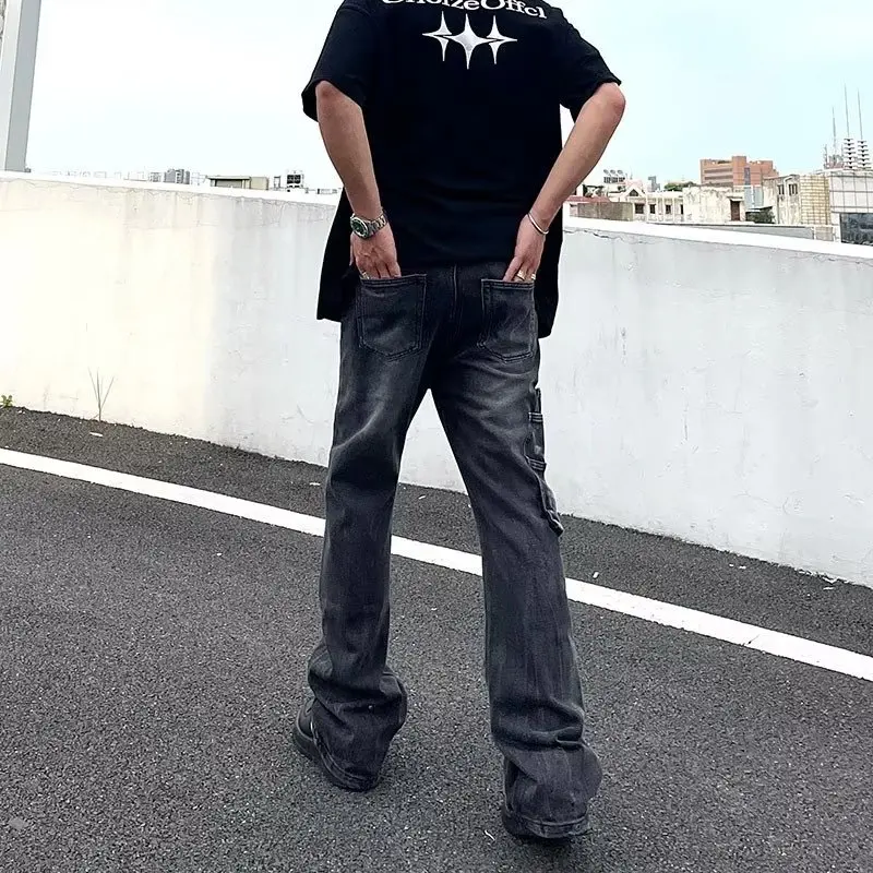 Celana Jeans Patchwork Hitam Biru Model Baru Berkualitas Tinggi, Model Micro Flared, Nyaman, Bahan Denim Stretch untuk Pria dan Wanita