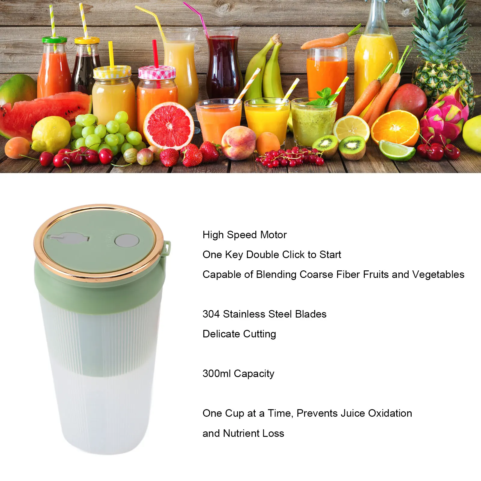 خلاط محمول 4 شفرات لاسلكي بسعة 300 مل، خلاط محمول باليد قابل لإعادة الشحن عبر USB للعصائر المخفوقة والعصائر