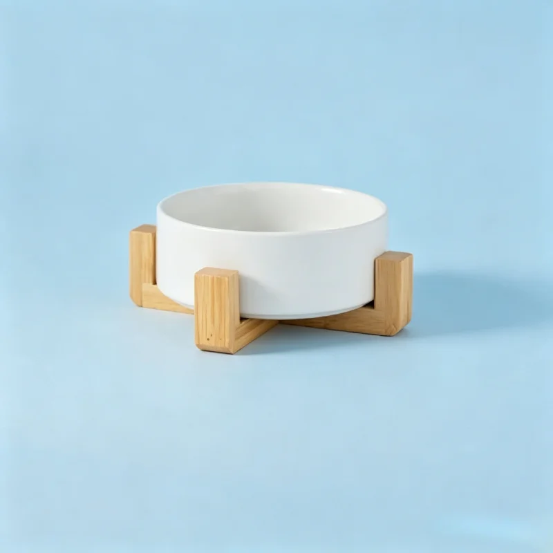 Elevated Ceramic Double Pet Bowls with Wooden Stand Anti-Spill Non-slip Food Water Feeder for Cats Small Dogs Puppies Kittens